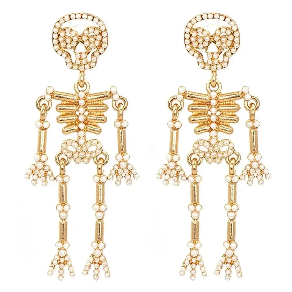 Spooky Skull Faux Pearl Earrings Fall Winter Fashion Jewelry Halloween New Year - Picture 2 of 3